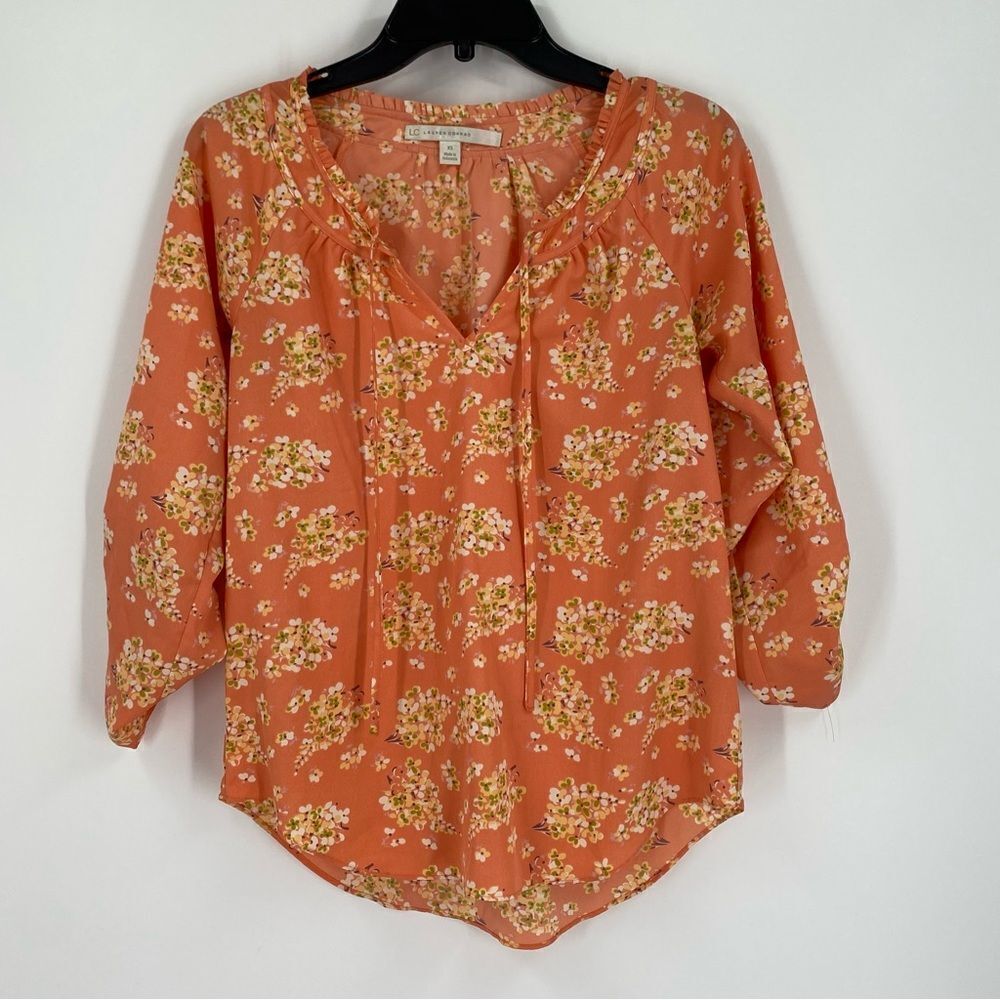 LC Lauren Conrad Women’s Slit V Neck 3/4 Foldable Sleeve Floral Blouse size XS